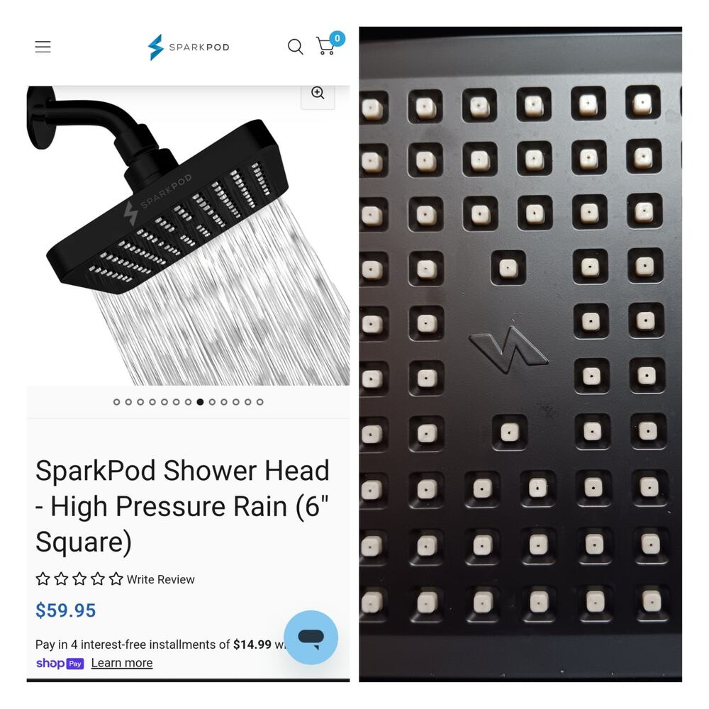 SPARKPOD Rainfall Shower Head OPEN BOX Unused Black Matte 6" x 6" $59.95 Retail